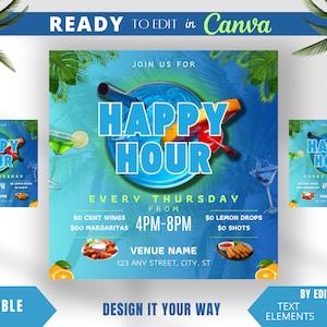 Bearbeitbare Flyer Vorlage, Blue Paradise Happy Hour Flyer, Bar und Grill, Restaurant Tropical Happy Hour, Sommerveranstaltungen, Club Flyer, Cocktails