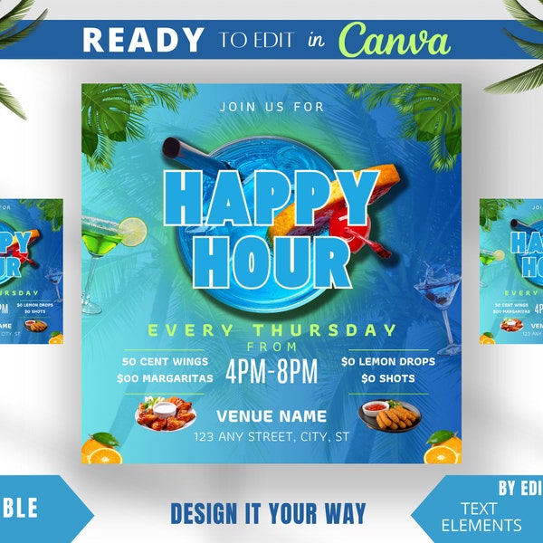 Editable Flyer Template, Blue Paradise Happy Hour Flyer, Bar and Grill, Restaurant Tropical Happy Hour, Summer Events, Club Flyer, Cocktails