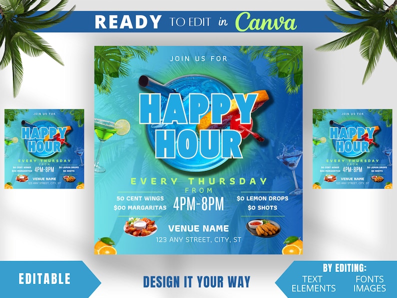 Editable Flyer Template Blue Paradise Happy Hour Flyer Bar Etsy