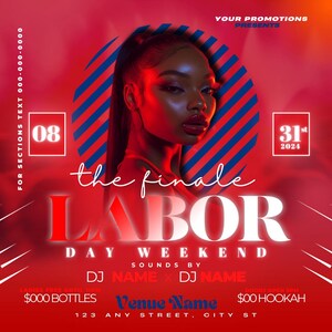 May include: A red and blue striped circle with the text "the finale LABOR DAY WEEKEND" in white. The text "SOUNDS BY DJ NAME X DJ NAME" is below the circle. The text "LADIES FREE UNTIL 10PM $000 BOTTLES" is in the bottom left corner. The text "BOOTS OPEN 9PM $00 HOOKAH" is in the bottom right corner. The text "Venue Name 123 ANY STREET, CITY ST" is in the center of the image.