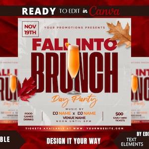 Editable Flyer Template, Fall Brunch Flyer, Day Party, Fall Event, Club Flyer, Bar and Grill, Thanksgiving, Luxury Brunch Flyer, Holiday
