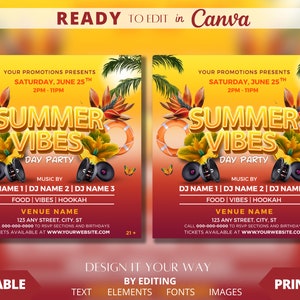 Sunset Summer Vibes Day Party, Custom 3D Text, Tropical Brunch, Day Party Flyer, Club, Bar and Grill, Lounge Flyer, Promoters, Adult Party