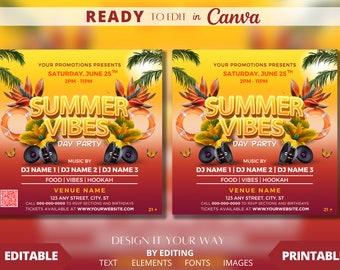 May include: A vibrant flyer for a summer day party, featuring the text "Summer Vibes Day Party" in a bold, stylized font. The design includes tropical flowers, life preservers, and speakers, set against a gradient yellow and red background.