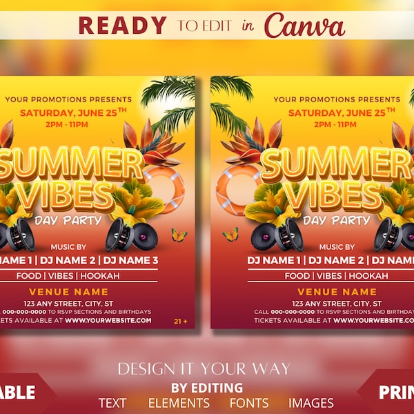 Sunset Summer Vibes Day Party, Custom 3D Text, Tropical Brunch, Day Party Flyer, Club, Bar and Grill, Lounge Flyer, Promoters, Adult Party