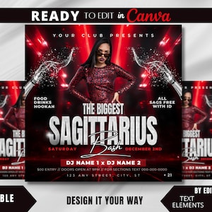 Editable Flyer Template, Sagittarius Season, Sagittarius Party, Sagittarius Bash, Zodiac Flyer, Adult Birthday Party, Club Flyer, Luxury