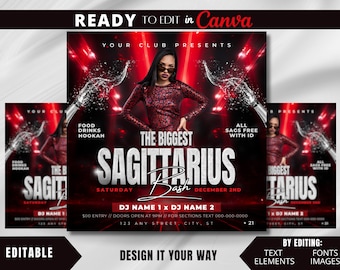 Editable Flyer Template, Sagittarius Season, Sagittarius Party, Sagittarius Bash, Zodiac Flyer, Adult Birthday Party, Club Flyer, Luxury