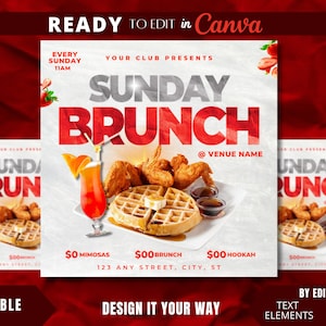 Editable Flyer Template, Sunday Brunch, Club Flyer, Restaurant Marketing, Bar and Grill, Brunch Event, Chef Flyer, Chicken and Waffles
