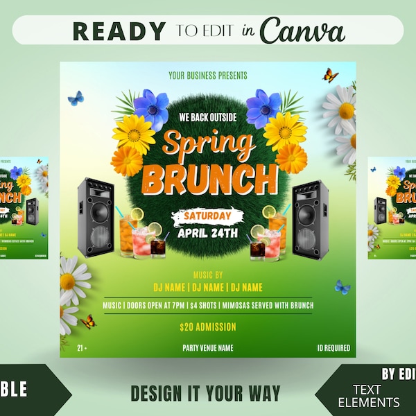 Editable Flyer Template, Spring Brunch Flyer, Spring Event Flyer, Party Flyer, Brunch Flyer, Floral Flyer, Business Flyer Template