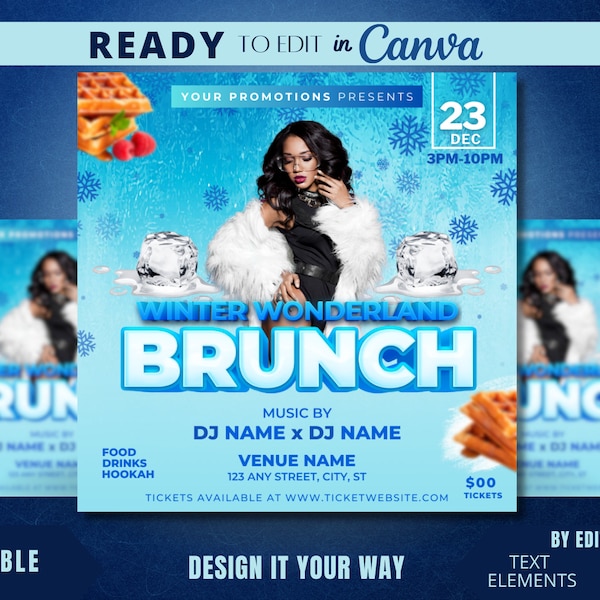 Editable Flyer Template, Winter Wonderland Brunch, Winter Party Flyer, Club Flyer, Bar and Grill, Icy Brunch, Christmas Party Flyer