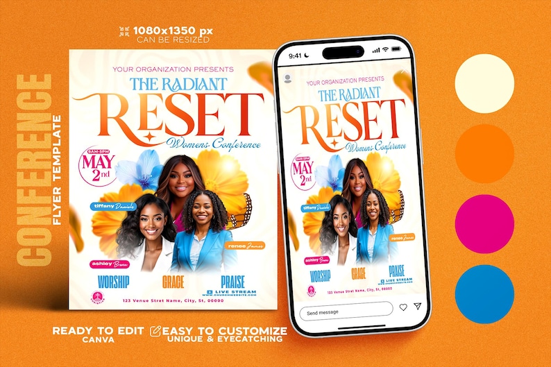 Może przedstawiać: Ulotka promocyjna i wyświetlacz smartfona dla "The Radiant Reset Women's Conference". Projekt zawiera zdjęcia trzech kobiet, kwiatowe akcenty i szczeg&oacute;ły konferencji. Ulotka znajduje się na pomarańczowym tle.