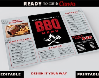 May include: A printable BBQ menu template with a red and black colour scheme. The menu features sections for starters, main courses, salads, and a "Pick 3 for £00" option. The text "BBQ Menu" is in a large, bold font with a distressed effect.