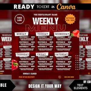 Plantilla de volante editable, menú semanal, marketing de restaurantes, menú, volante de comida, ofertas de cena, ofertas especiales de comida