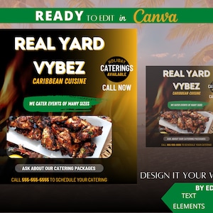 Bewerkbare flyersjabloon, flyer eten restaurant, flyer Caribisch eten, flyer eten, cateringflyer, flyer eten verkoop, opening restaurant,