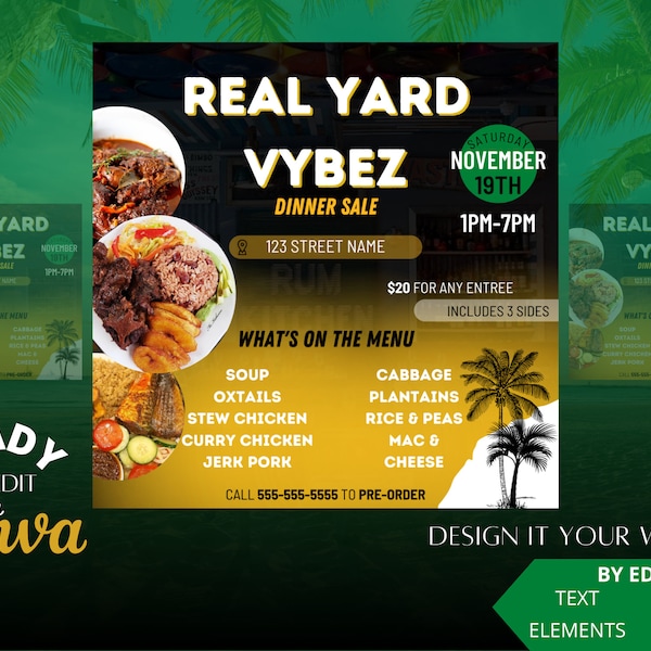 Editable Flyer Template, Caribbean Food Flyer, Jamaican Inspired Flyer, Catering Flyer, Food Sale Flyer Template, Restaurant Opening, Flyer