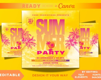 May include: A vibrant yellow and pink flyer design for a summer party. The text "SUMMER PARTY" is prominently displayed with palm tree graphics. Includes the date "SAT JULY 27th" and details for the event. The flyer is labeled "READY TO EDIT in Canva".