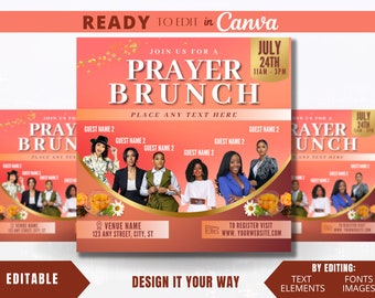 Może przedstawiać: Różowa i złota ulotka z tekstem "Ready to Edit in Canva" u góry. Ulotka reklamuje wydarzenie "Prayer Brunch" 24 lipca od 11:00 do 15:00. Ulotka zawiera miejsce na dodanie tekstu, nazwę miejsca i stronę internetową do rejestracji. Ulotka przedstawia również grupę kobiet w profesjonalnym stroju.