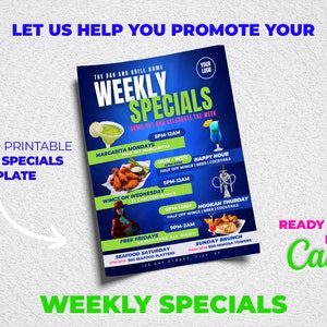 Edytowalny szablon ulotki, tygodniowe promocje, marketing restauracji, bar i grill, ulotka z jedzeniem, wydarzenia klubowe, promocje kulinarne, happy hour