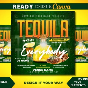Editable Flyer Template, Taco Flyer, Taco Tuesday, Taco Food Truck, Club Flyer, Bar and Grill, Lounge Flyers, Restaurant Marketing, Tequila