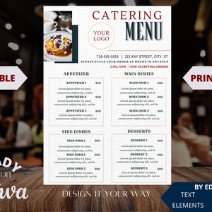 Plantilla de menú de restaurante editable, menú de catering completo, menú, lista de precios de catering, plantilla de volante de servicio de catering, menú minimalista