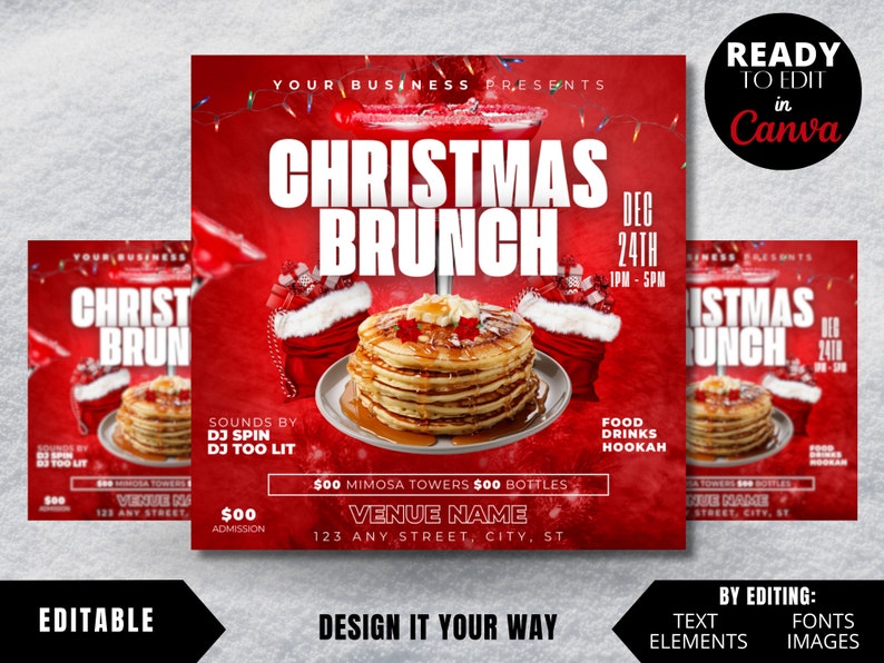 May include: Red and white Christmas brunch flyer with a stack of pancakes, a Santa hat, and the text "Christmas Brunch" in large, bold letters. The flyer also includes the date and time of the event, as well as the location and contact information.