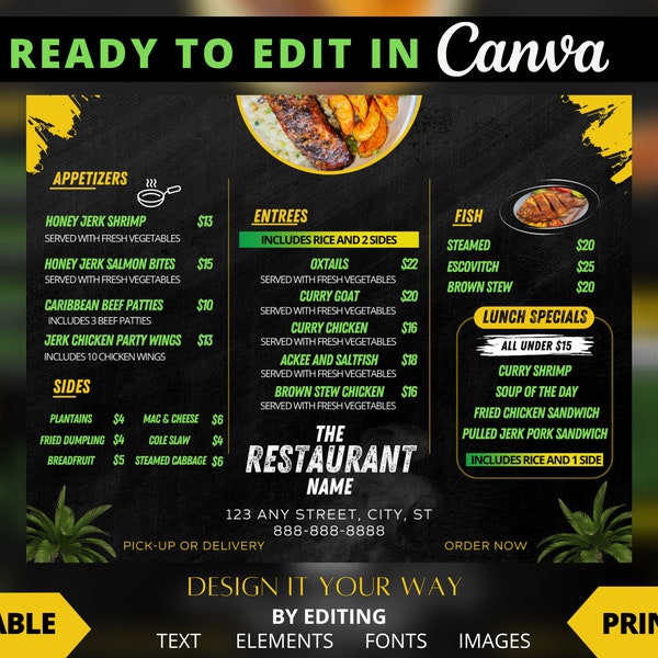 Editable Menu Template, Caribbean Restaurant E-Menu, Printable Menu, Food Sale Menu, Catering Menu, Jamaican Inspired Restaurant Menu