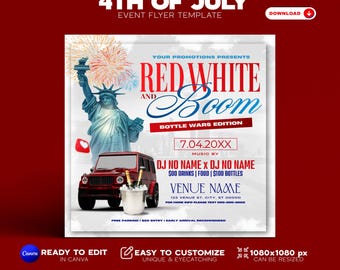 May include: Event flyer template for a 4th of July celebration. The design features the Statue of Liberty, fireworks, and a red vehicle. Text includes "Red White and Boom" and event details. The flyer is customizable and can be resized.