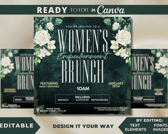 Może przedstawiać: Ulotka w zielono-białym wzorze kwiatowym na Brunch Empowered Women. Ulotka zawiera datę, godzinę i miejsce wydarzenia. Zawiera również tekst "Jesteś zaproszona na Brunch Empowered Women" i "Z udziałem zaproszonych mówców".