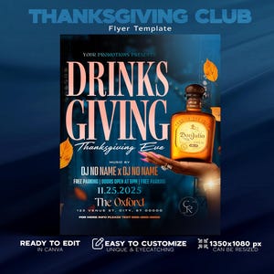 K&ouml;nnte beinhalten: Werbeflyer f&uuml;r eine Thanksgiving-Veranstaltung mit dem Text "DRINKS GIVING" in gro&szlig;en, stilisierten Buchstaben. Eine Flasche Don Julio Tequila wird in einer Hand gehalten. Der Flyer enth&auml;lt Eventdetails wie Datum, Uhrzeit und Ort.
