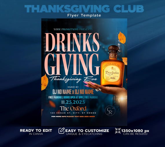 Editable Flyer Template, Canva Thanksgiving Flyer, Drinksgiving, Thanksgiving Club Flyer, Fall Party, DJ Flyer