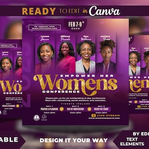 Puede incluir: Un folleto morado con texto de purpurina dorada que dice "Empower Her Womens Conference" con una fecha del 7 al 9 de febrero de 2025. El folleto incluye un programa de eventos, una dirección de sitio web y un enlace de transmisión en vivo.