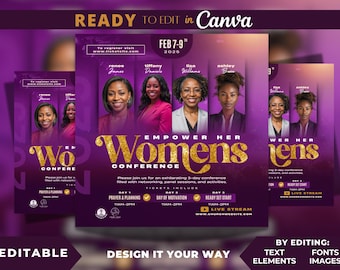 Può includere: Un volantino viola con testo in glitter dorato che recita "Empower Her Womens Conference" con una data dal 7 al 9 febbraio 2025. Il volantino include un programma di eventi, un indirizzo del sito web e un link di streaming in diretta.