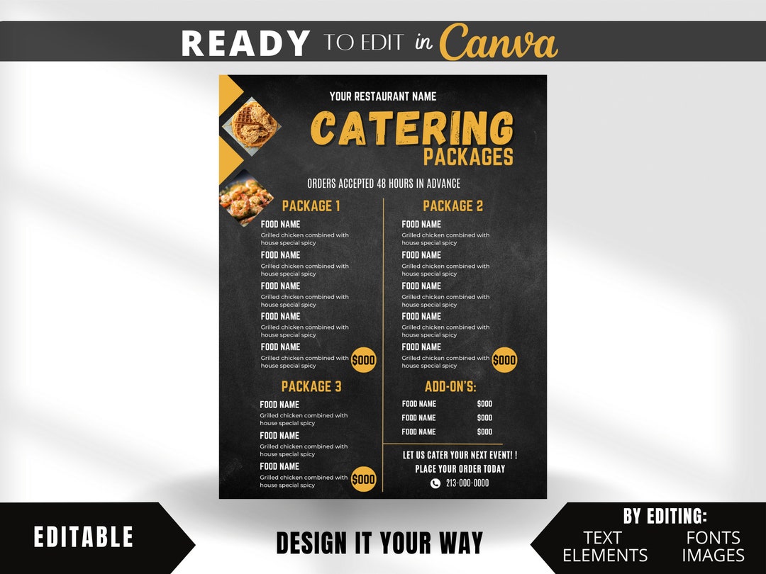 Editable Menu Template, Catering Packages Menu, Restaurant Menu