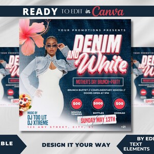 Editable Flyer Template, Denim Party Flyer, Brunch, Mother's Day Brunch, Day Party, Spring Party, Spring Day Party, Spring Brunch Flyer