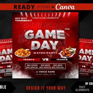 Editable Flyer Template, Football Game Night, Thursday Night, Monday Night Football, Bar and Grill, Pro Football, College Football, Club