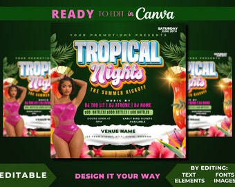 Modèle de Flyer modifiable, Coup d'envoi de l'été, Flyer de fête tropicale, Flyer d'anniversaire, Flyer de club, Tropical, Luau, Bar and Grill, Carnaval des Caraïbes