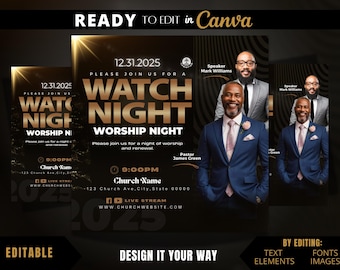 May include: A black and gold flyer with a gold and white text overlay that reads "Watch Night Worship Night". The flyer includes a date of 12.31.2025, a time of 9:00 PM, and the name of a church. The flyer also includes the names of a speaker and pastor.