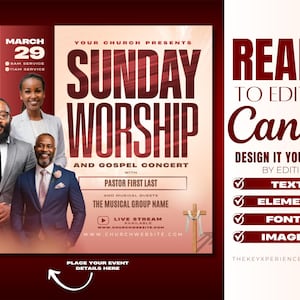 May include: A red and white flyer with the text "Sunday Worship and Gospel Concert" with a date of March 29th. The flyer also includes the text "Pastor First Last" and "The Musical Group Name".