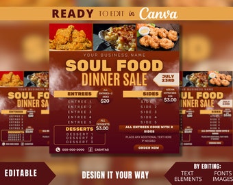 Può includere: Un volantino marrone e arancione con il testo "Soul Food Dinner Sale" in bianco. Il volantino ha un'immagine di pollo fritto, maccheroni al formaggio e gamberi fritti. Il volantino ha anche un menu con i prezzi per antipasti, contorni e dessert. Il volantino dice "Luglio 23rd" e "Aggiungi un contorno extra per € 3,00".