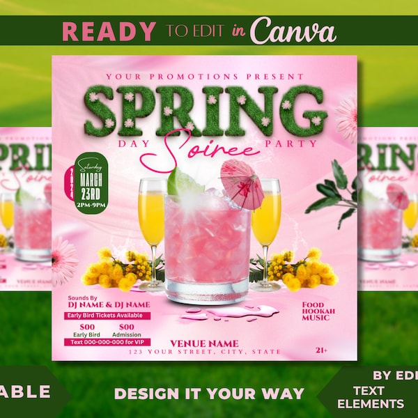 Editable Flyer Template, Luxury Spring Soiree, Spring Day Party, Spring Brunch Flyer, Spring Event Flyer Template, Spring Party, Cocktails,