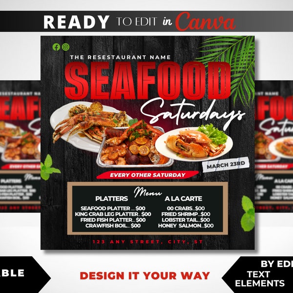 Editable Flyer Template, Seafood Saturdays, Seafood Platter Sale, Seafood Boil, Restaurant Marketing, Dinner Sale, Bar and Grill, Club Flyer