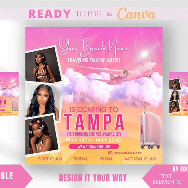 Editable Traveling Makeup Artist Social Media Post, Traveling Business Flyer, Lash Tech, Hair Business, Branding, Traveling Hairstylist