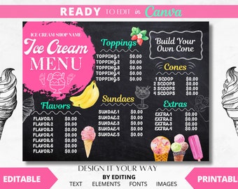 Editable Menu Template, Chalkboard Ice Cream Menu, Ice Cream Shop, Sweets Shop, Dessert, Printable Ice Cream Menu, Menu Board, Watercolor