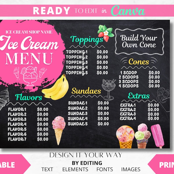 Modèle de menu modifiable, menu de crème glacée au tableau noir, magasin de crème glacée, magasin de bonbons, dessert, menu de crème glacée imprimable, tableau de menu, aquarelle