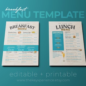 Plantilla de volante editable, plantilla de menú imprimible, menú de desayuno, menú de restaurante,