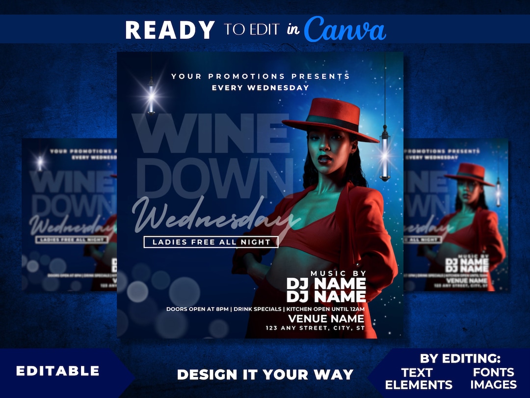 Editable Flyer Template, Wine Down Wednesdays, Luxury Wine Flyer, Club