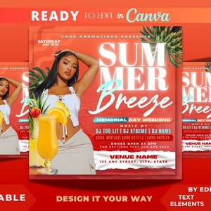 Editable Flyer Template, Summer Breeze Day Party, Memorial Day Weekend, Club Party Flyer, Summer Party, Luxury, Tropical, Sunday Funday