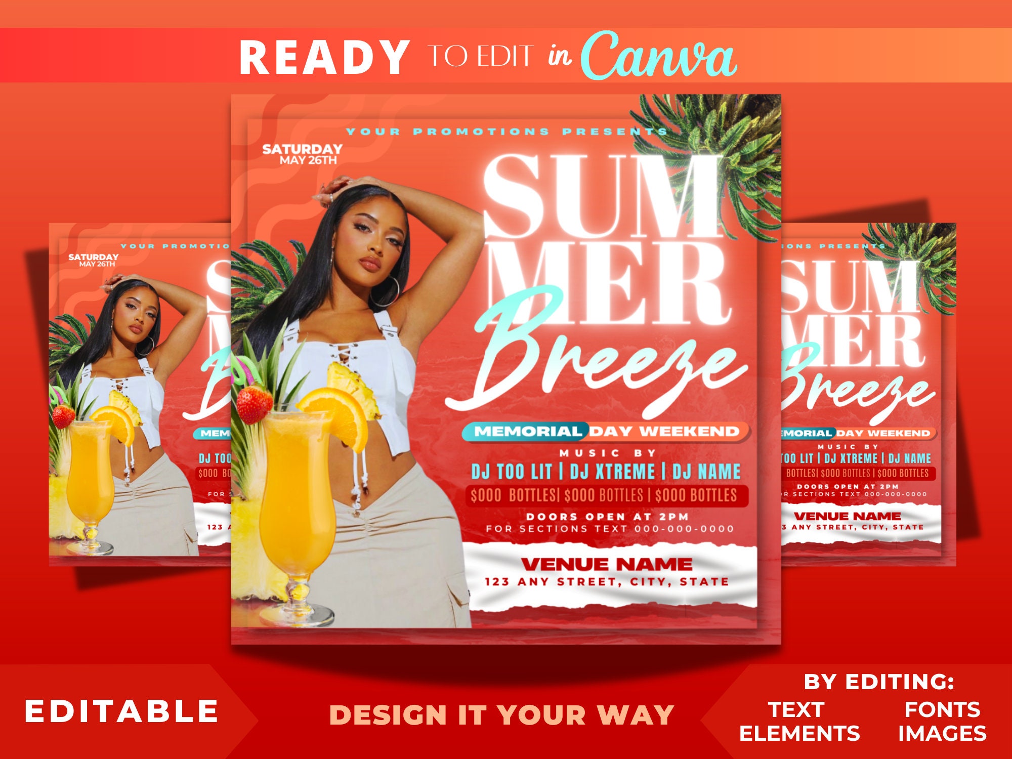 Editable Flyer Template, Summer Breeze Day Party, Memorial Day Weekend, Club Party Flyer, Summer Party, Luxury, Tropical, Sunday Funday