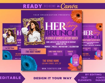 May include: A promotional flyer for a "HerStory Brunch" event, featuring a woman in a gold frame. The design uses a purple and orange color scheme with text that reads "In Honor of Women's History Month". The flyer includes event details.