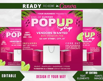 Op de afbeelding: Een roze en groene flyer die adverteert voor een pop-up shop-evenement. De flyer zegt "Uw bedrijf presenteert Einde van de zomer Pop Up Shop" en bevat details over het evenement, zoals de datum, tijd en locatie. Het zegt ook "Verkopers gezocht €00 standgeld" en bevat een oproep om naar buiten te komen en uw merk aan de gemeenschap voor te stellen.