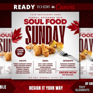 Editable Flyer Template, Soul Food Sunday, Soul Food Flyer, Food Flyer, Dinner Sale, Sunday Dinner Sale, Restaurant Branding, Food Template